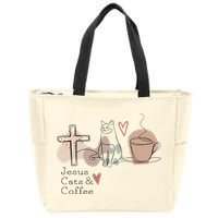 Jesus Cats And Coffee Minimalist Design Zip Tote Bag