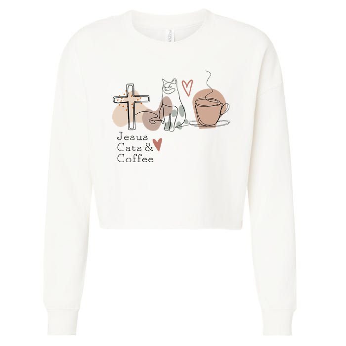 Jesus Cats And Coffee Minimalist Design Cropped Pullover Crew