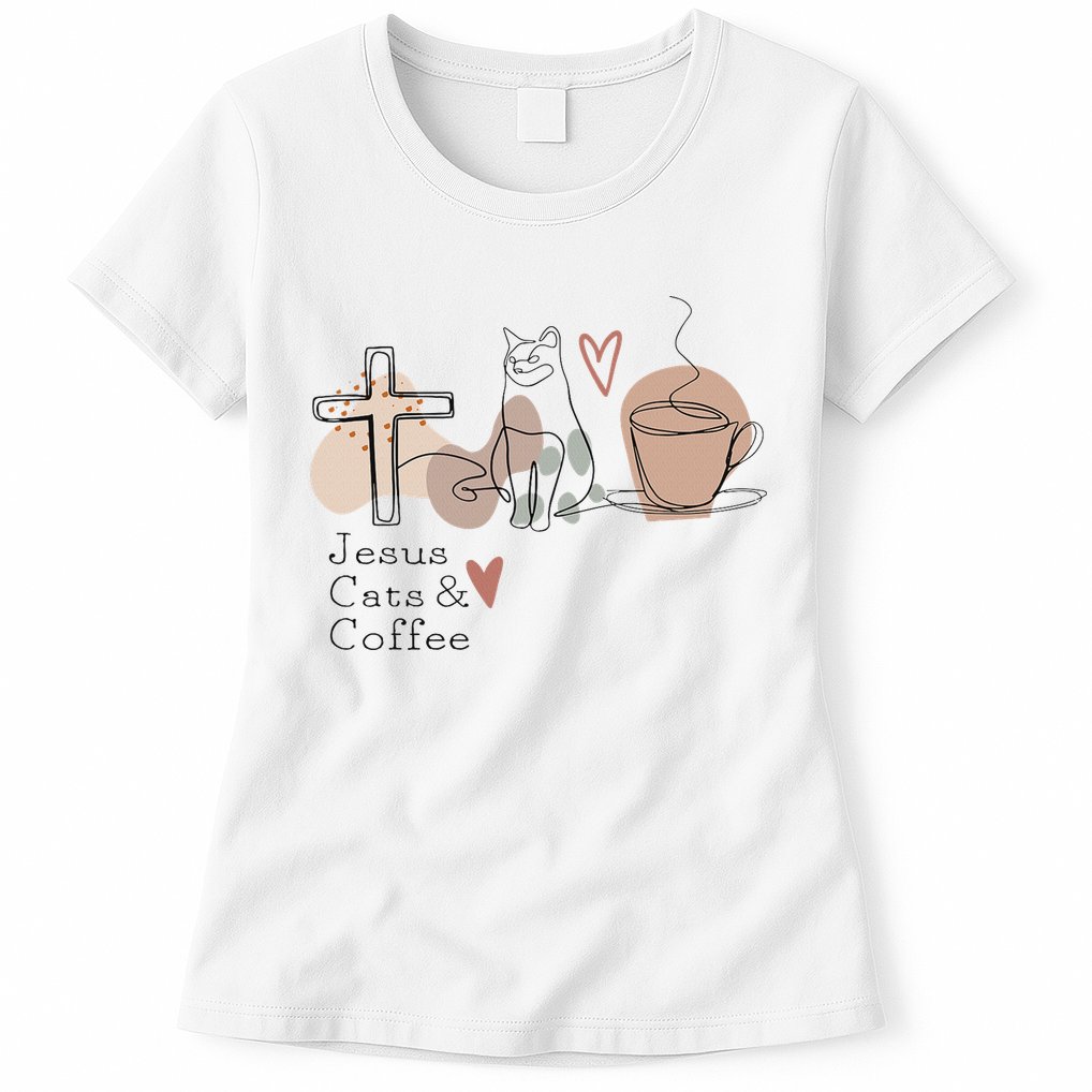 Jesus Cats And Coffee Minimalist Design Womens T-Shirt