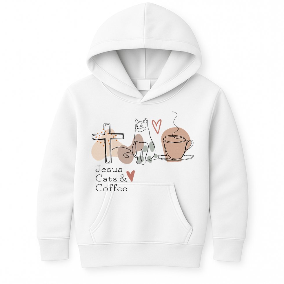 Jesus Cats And Coffee Minimalist Design Kids Hoodie