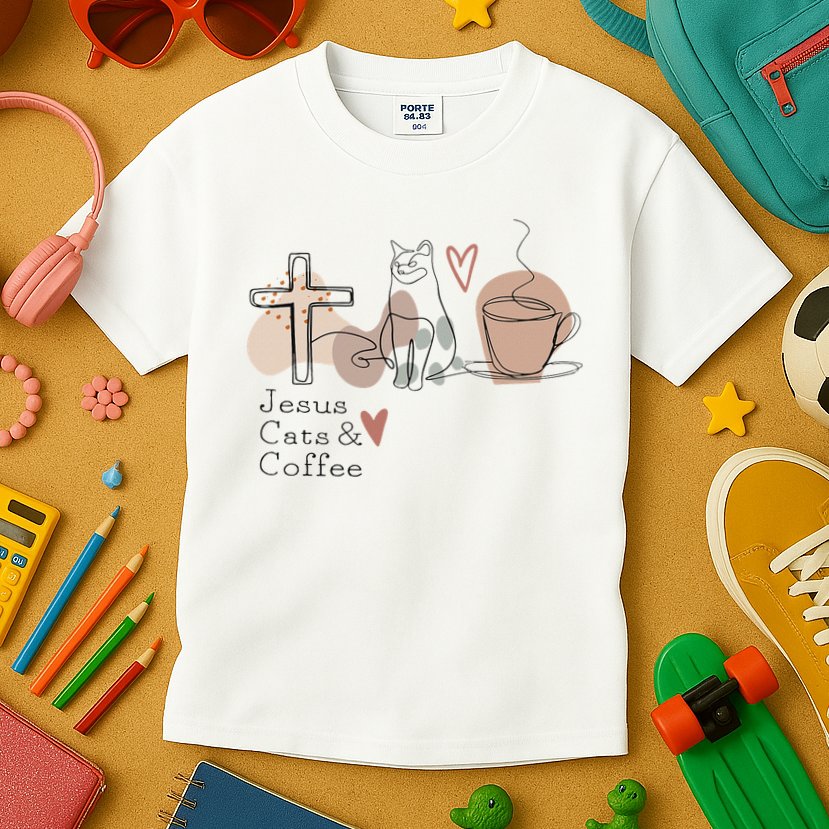 Jesus Cats And Coffee Minimalist Design Kids T-Shirt