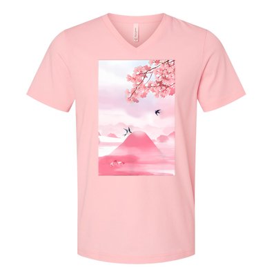 Japanese Cherry Blossom Japanese Woodblock Art Retro V-Neck T-Shirt