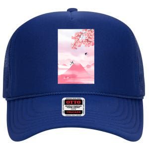 Japanese Cherry Blossom Japanese Woodblock Art Retro High Crown Mesh Back Trucker Hat