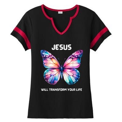 Jesus Christian Butterfly Meaningful Transformation Ladies Halftime Notch Neck Tee