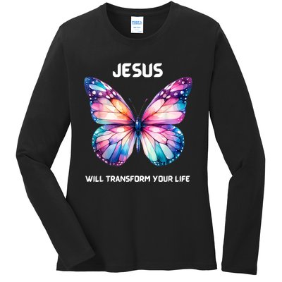 Jesus Christian Butterfly Meaningful Transformation Ladies Long Sleeve Shirt