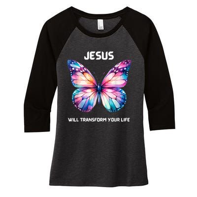 Jesus Christian Butterfly Meaningful Transformation Women's Tri-Blend 3/4-Sleeve Raglan Shirt