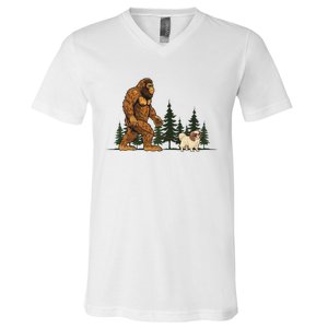 Japanese Chin Bigfoot Dog Walking Dog Mom Dad V-Neck T-Shirt