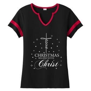 Jesus Christmas Begins With Christ Ladies Halftime Notch Neck Tee