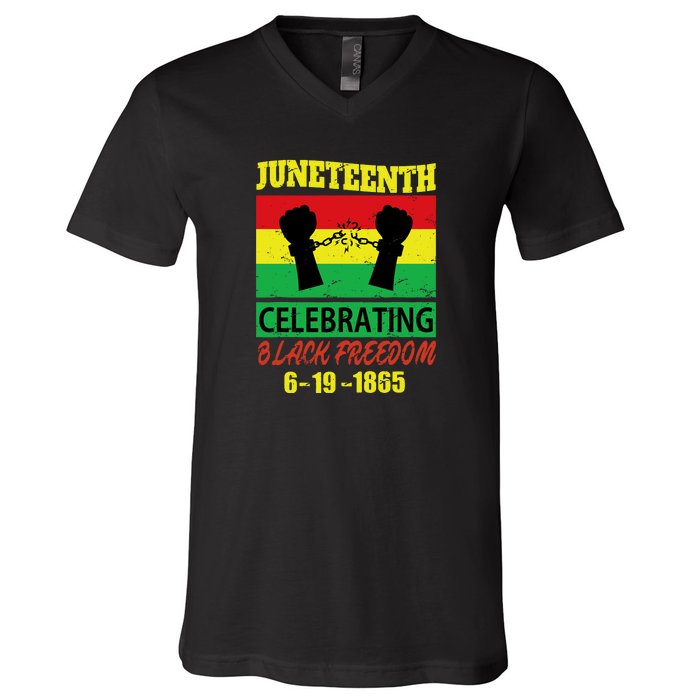 Juneteenth Celebrating Black Freedom 1865 Flag V-Neck T-Shirt