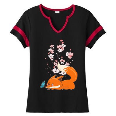 Japanese Cherry Blossom Flower Sakura Kawaii Fox Ladies Halftime Notch Neck Tee