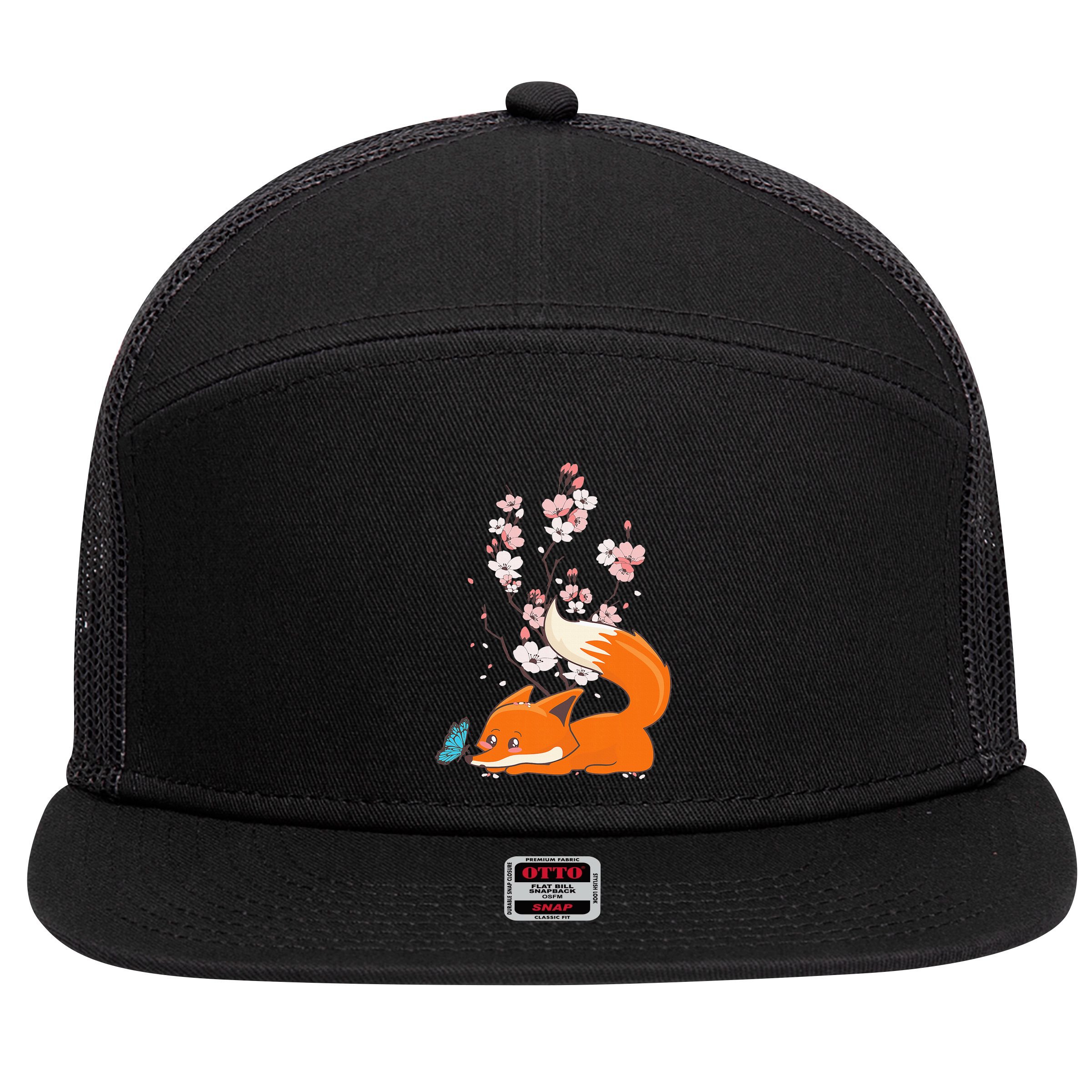 Japanese Cherry Blossom Flower Sakura Kawaii Fox 7 Panel Mesh Trucker Snapback Hat