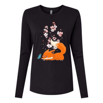 Japanese Cherry Blossom Flower Sakura Kawaii Fox Womens Cotton Relaxed Long Sleeve T-Shirt