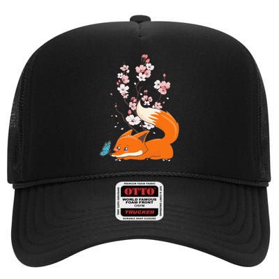 Japanese Cherry Blossom Flower Sakura Kawaii Fox High Crown Mesh Back Trucker Hat