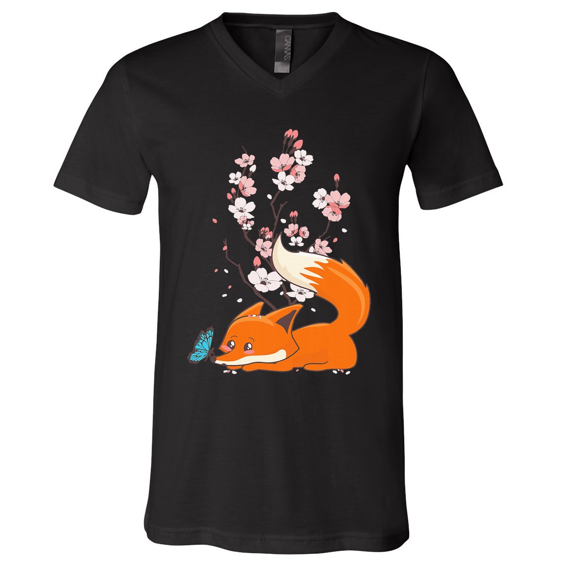 Japanese Cherry Blossom Flower Sakura Kawaii Fox V-Neck T-Shirt