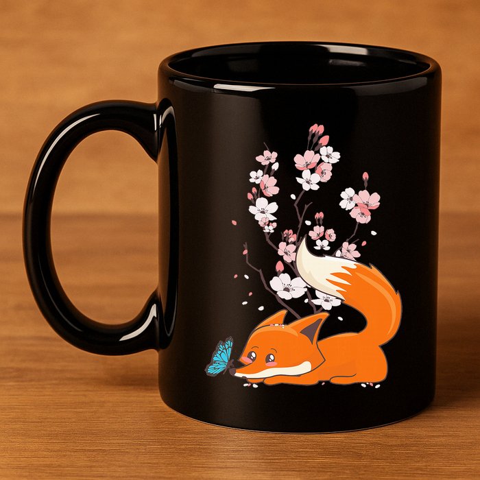 Japanese Cherry Blossom Flower Sakura Kawaii Fox 11oz C Handle Ceramic Mug