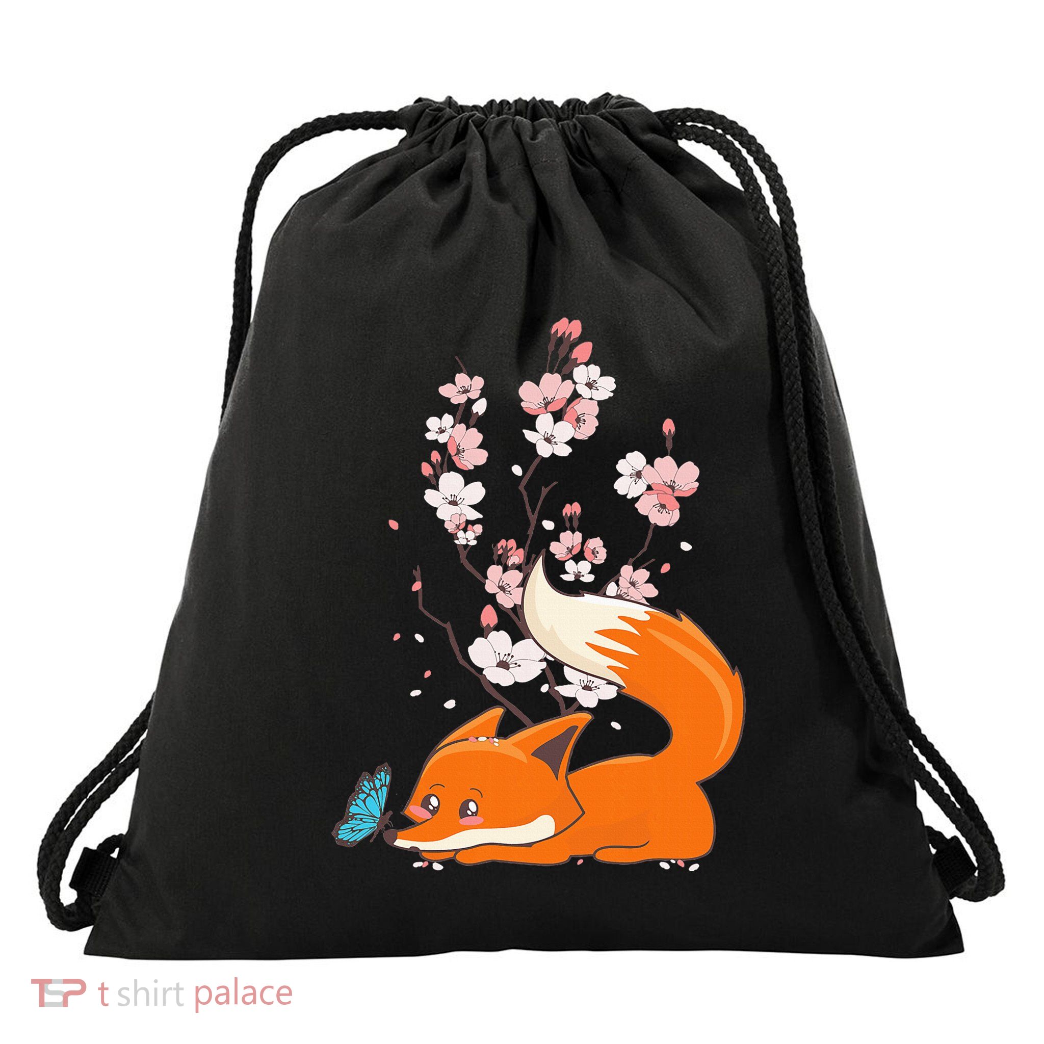 Japanese Cherry Blossom Flower Sakura Kawaii Fox Drawstring Bag