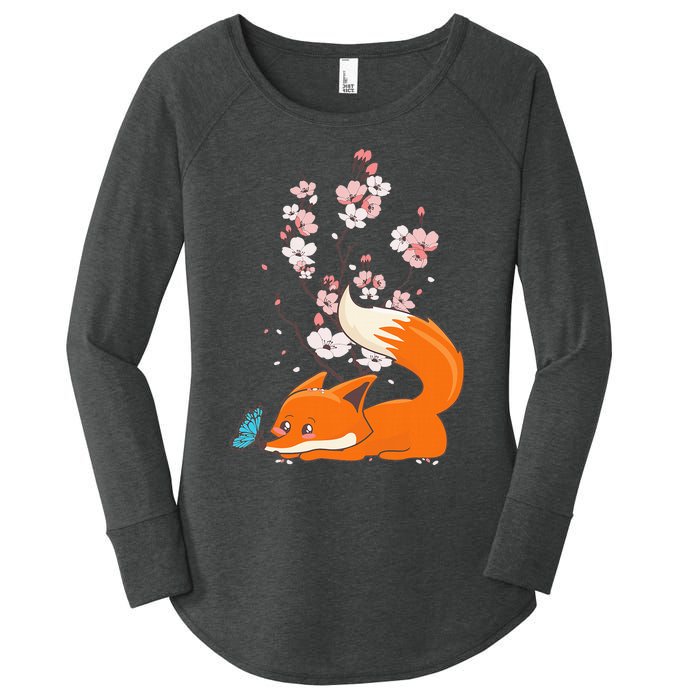 Japanese Cherry Blossom Flower Sakura Kawaii Fox Women's Perfect Tri Tunic Long Sleeve Shirt