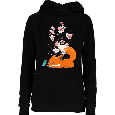 Japanese Cherry Blossom Flower Sakura Kawaii Fox Womens Funnel Neck Pullover Hood