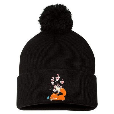 Japanese Cherry Blossom Flower Sakura Kawaii Fox Pom Pom 12in Knit Beanie