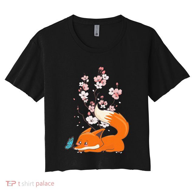 Japanese Cherry Blossom Flower Sakura Kawaii Fox Crop Top