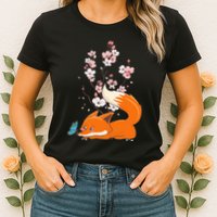 Japanese Cherry Blossom Flower Sakura Kawaii Fox Womens T-Shirt