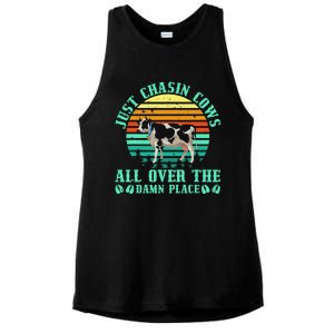 Just Chasin Cows All Over The Damn Place Cow Farmer Ladies PosiCharge Tri-Blend Wicking Tank