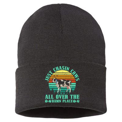 Just Chasin Cows All Over The Damn Place Cow Farmer Sustainable Knit Beanie