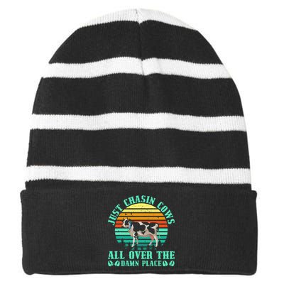 Just Chasin Cows All Over The Damn Place Cow Farmer Striped Beanie with Solid Band