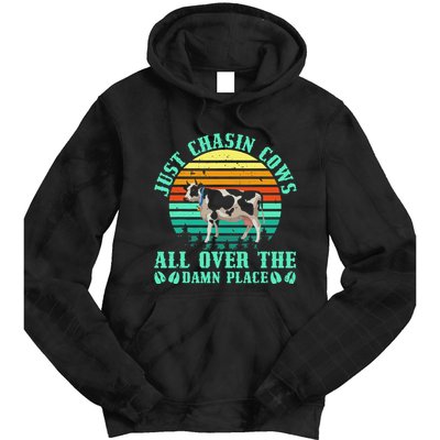 Just Chasin Cows All Over The Damn Place Cow Farmer Tie Dye Hoodie