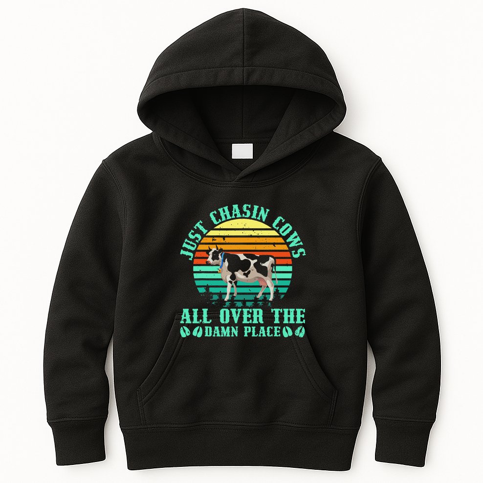 Just Chasin Cows All Over The Damn Place Cow Farmer Kids Hoodie