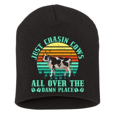 Just Chasin Cows All Over The Damn Place Cow Farmer Short Acrylic Beanie