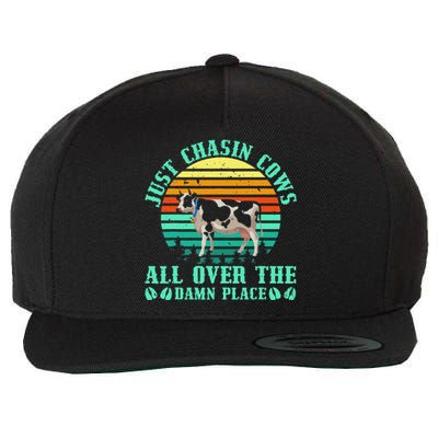 Just Chasin Cows All Over The Damn Place Cow Farmer Wool Snapback Cap