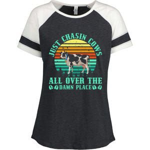 Just Chasin Cows All Over The Damn Place Cow Farmer Enza Ladies Jersey Colorblock Tee