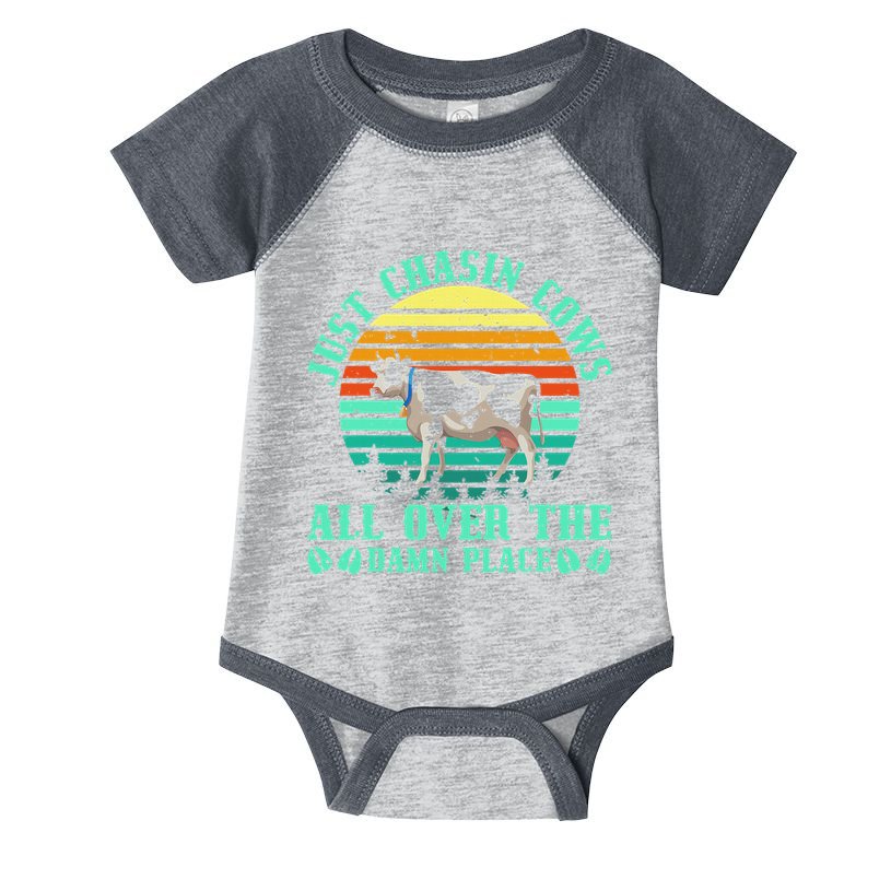 Just Chasin Cows All Over The Damn Place Cow Farmer Infant Baby Jersey Bodysuit