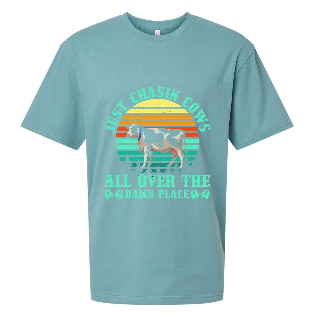 Just Chasin Cows All Over The Damn Place Cow Farmer Sueded Cloud Jersey T-Shirt
