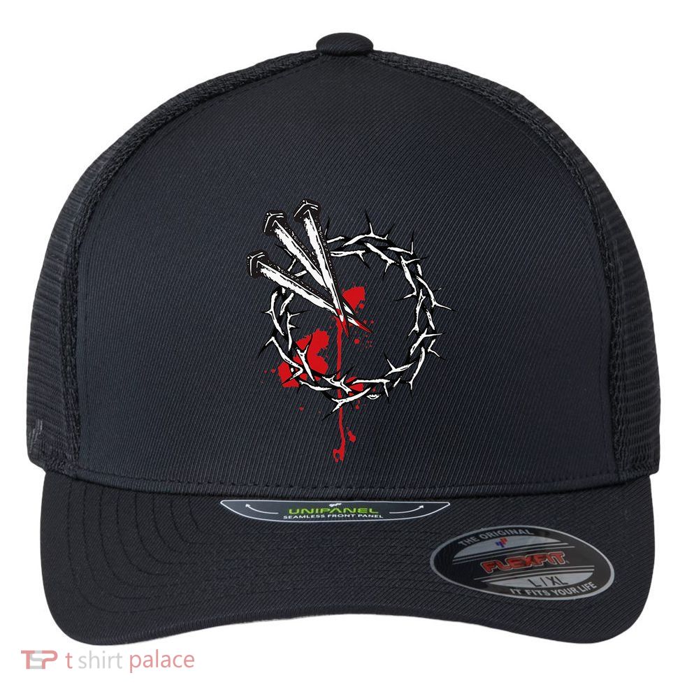 Jesus Crucifixion Crown Of Thorns With 3 Cross Nails Flexfit Unipanel Trucker Cap