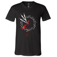 Jesus Crucifixion Crown Of Thorns With 3 Cross Nails V-Neck T-Shirt