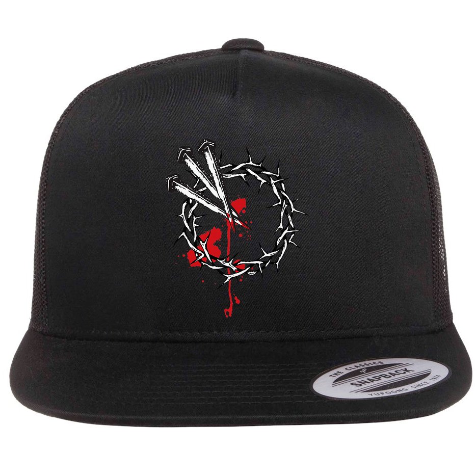 Jesus Crucifixion Crown Of Thorns With 3 Cross Nails Flat Bill Trucker Hat