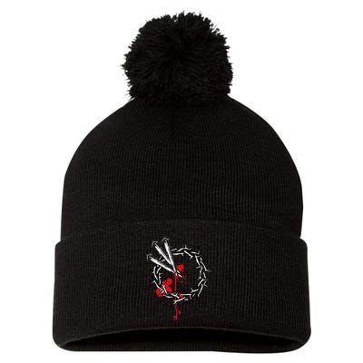Jesus Crucifixion Crown Of Thorns With 3 Cross Nails Pom Pom 12in Knit Beanie
