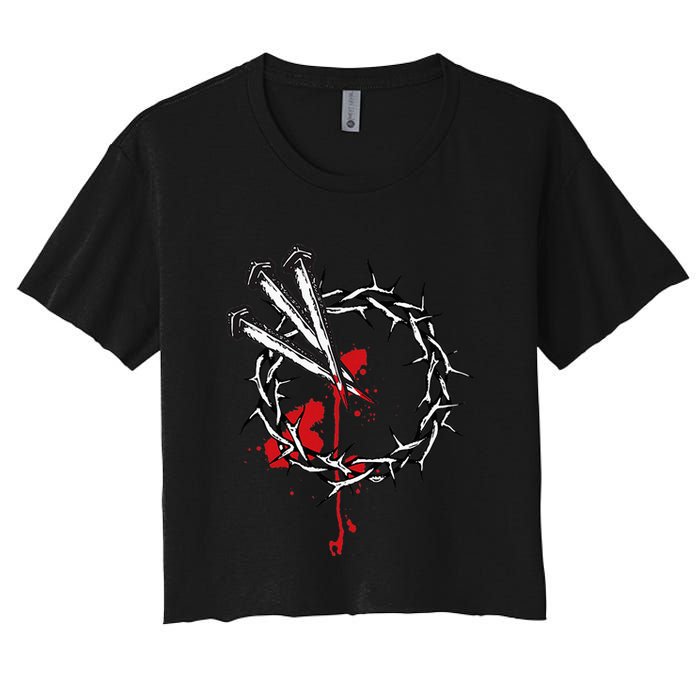 Jesus Crucifixion Crown Of Thorns With 3 Cross Nails Women's Crop Top Tee