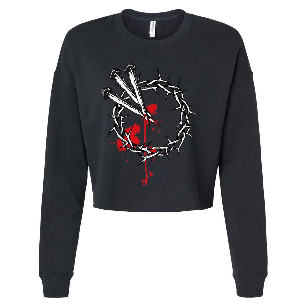 Jesus Crucifixion Crown Of Thorns With 3 Cross Nails Cropped Pullover Crew