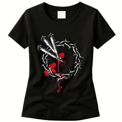 Jesus Crucifixion Crown Of Thorns With 3 Cross Nails Womens T-Shirt