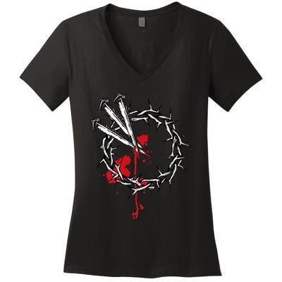 Jesus Crucifixion Crown Of Thorns With 3 Cross Nails Women's V-Neck T-Shirt