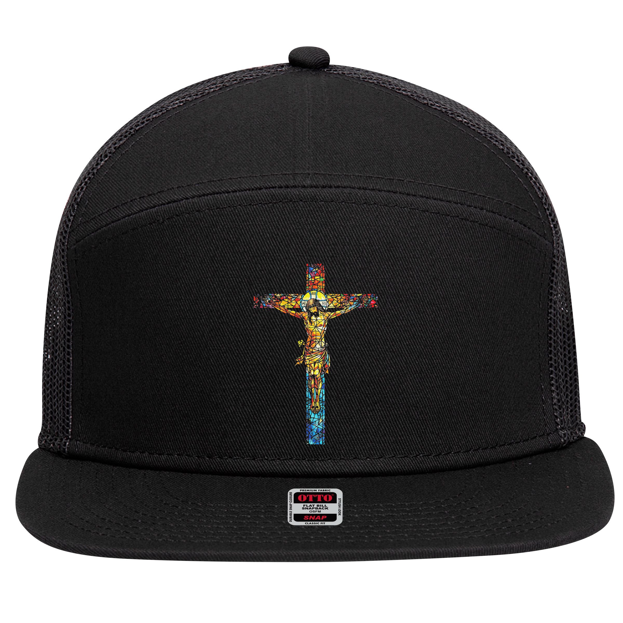 Jesus Cross Christian Stained Glass Christian Art 7 Panel Mesh Trucker Snapback Hat