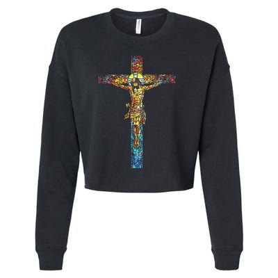 Jesus Cross Christian Stained Glass Christian Art Cropped Pullover Crew