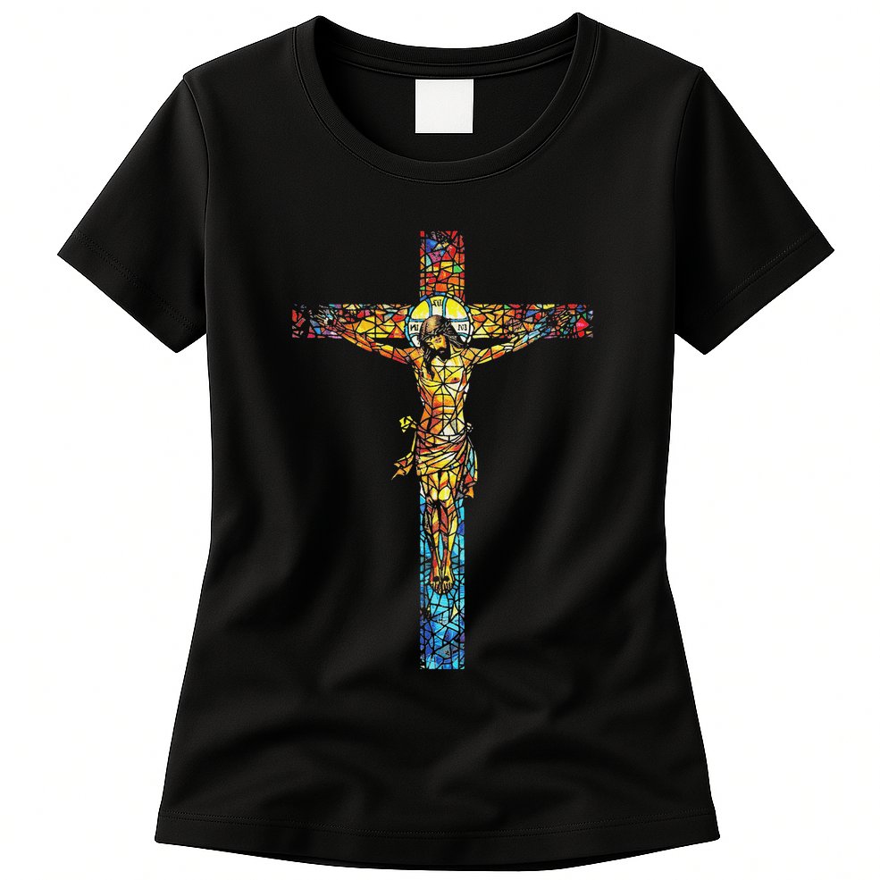Jesus Cross Christian Stained Glass Christian Art Womens T-Shirt