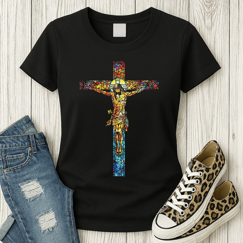 Jesus Cross Christian Stained Glass Christian Art Womens T-Shirt