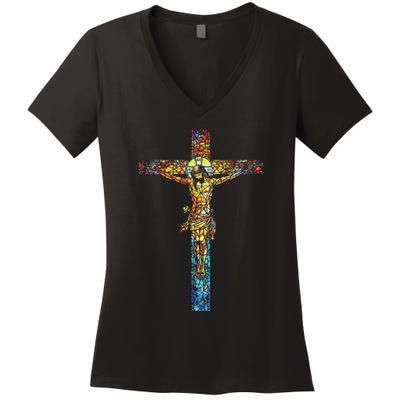 Jesus Cross Christian Stained Glass Christian Art Women's V-Neck T-Shirt