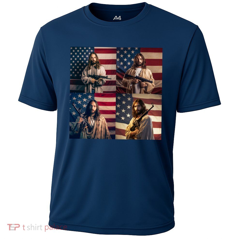 Jesus Christ Carrying Gun Defending America Performance Shirt