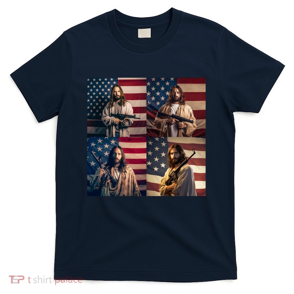 Jesus Christ Carrying Gun Defending America T-Shirt